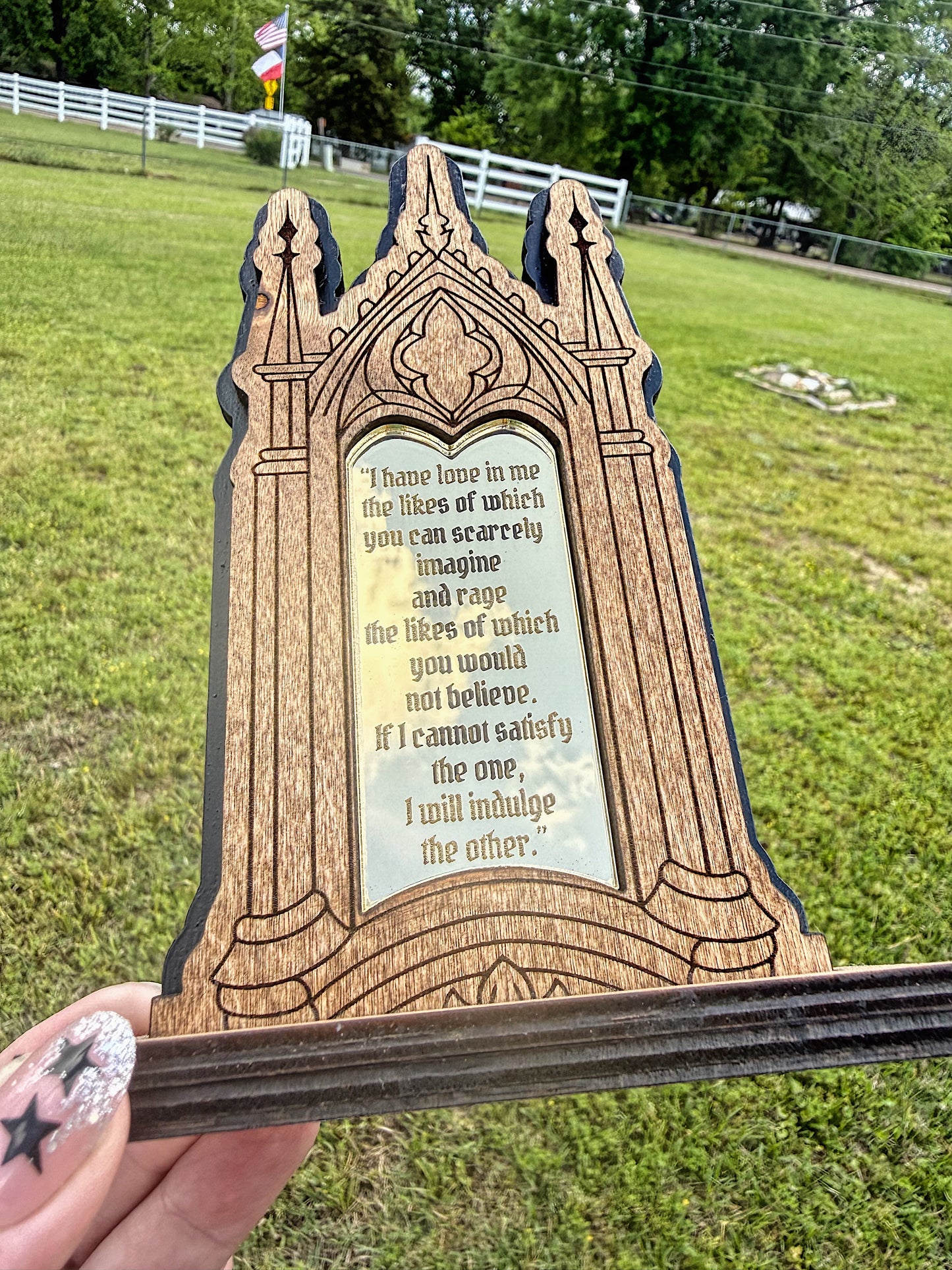 Gothic style bookshelf sign with quote - gold mirror acrylic
