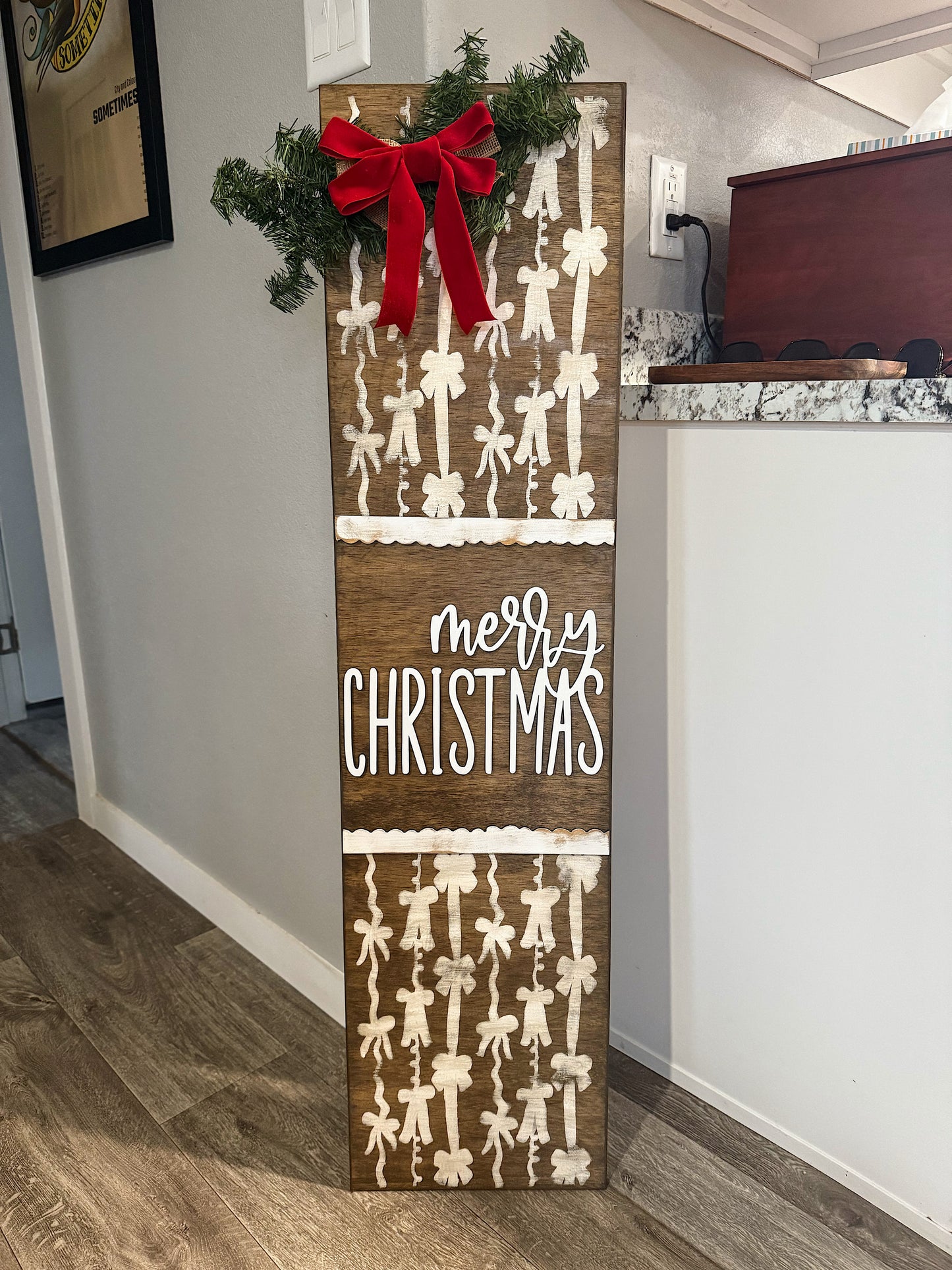 Distressed White Bow Christmas Door Leaner