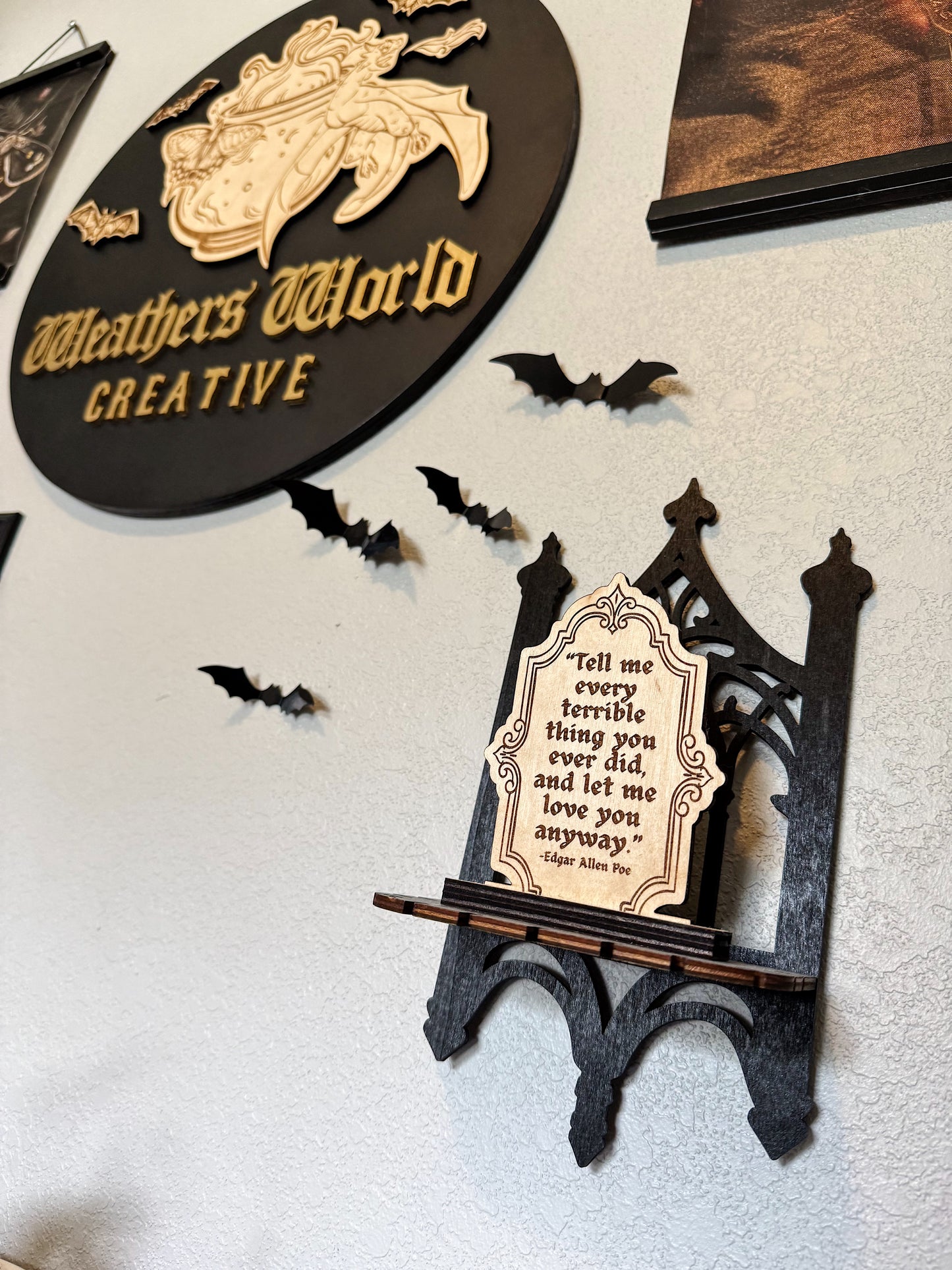 “Tell me every terrible thing” Poe Quote - Bookshelf sign