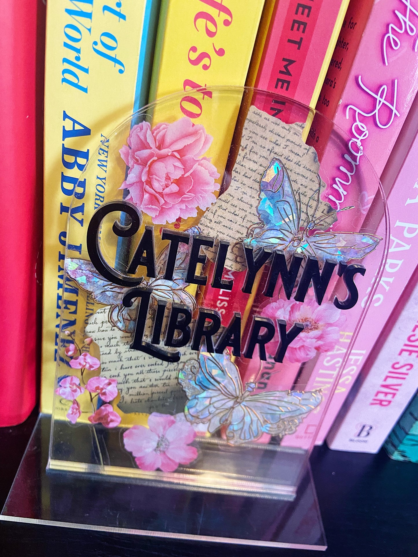 Custom Butterfly Floral Acrylic Bookshelf Sign, Desk Sitter