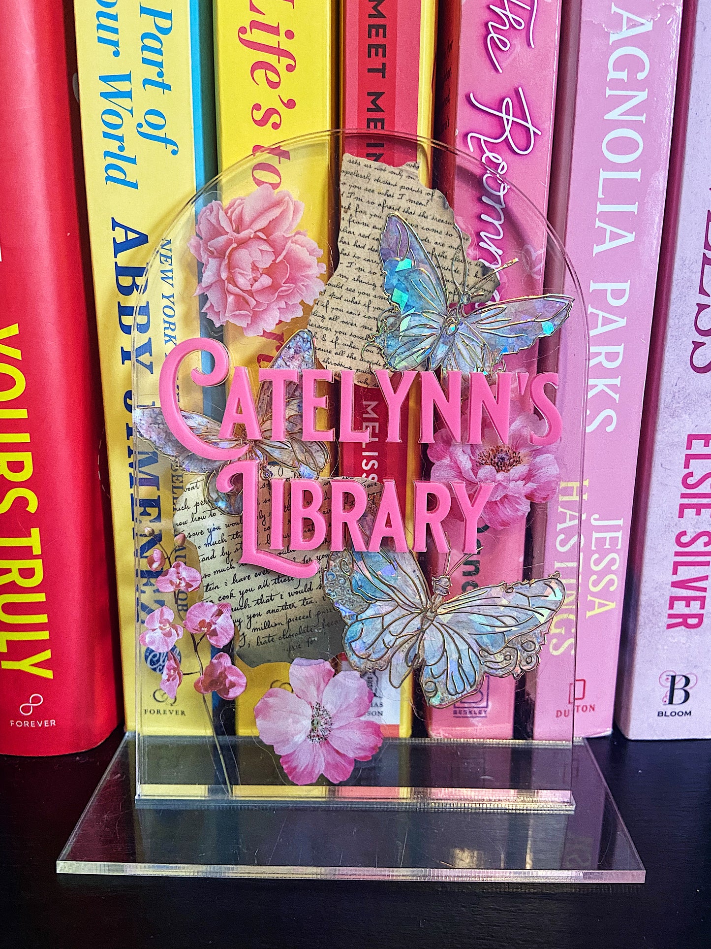Custom Butterfly Floral Acrylic Bookshelf Sign, Desk Sitter