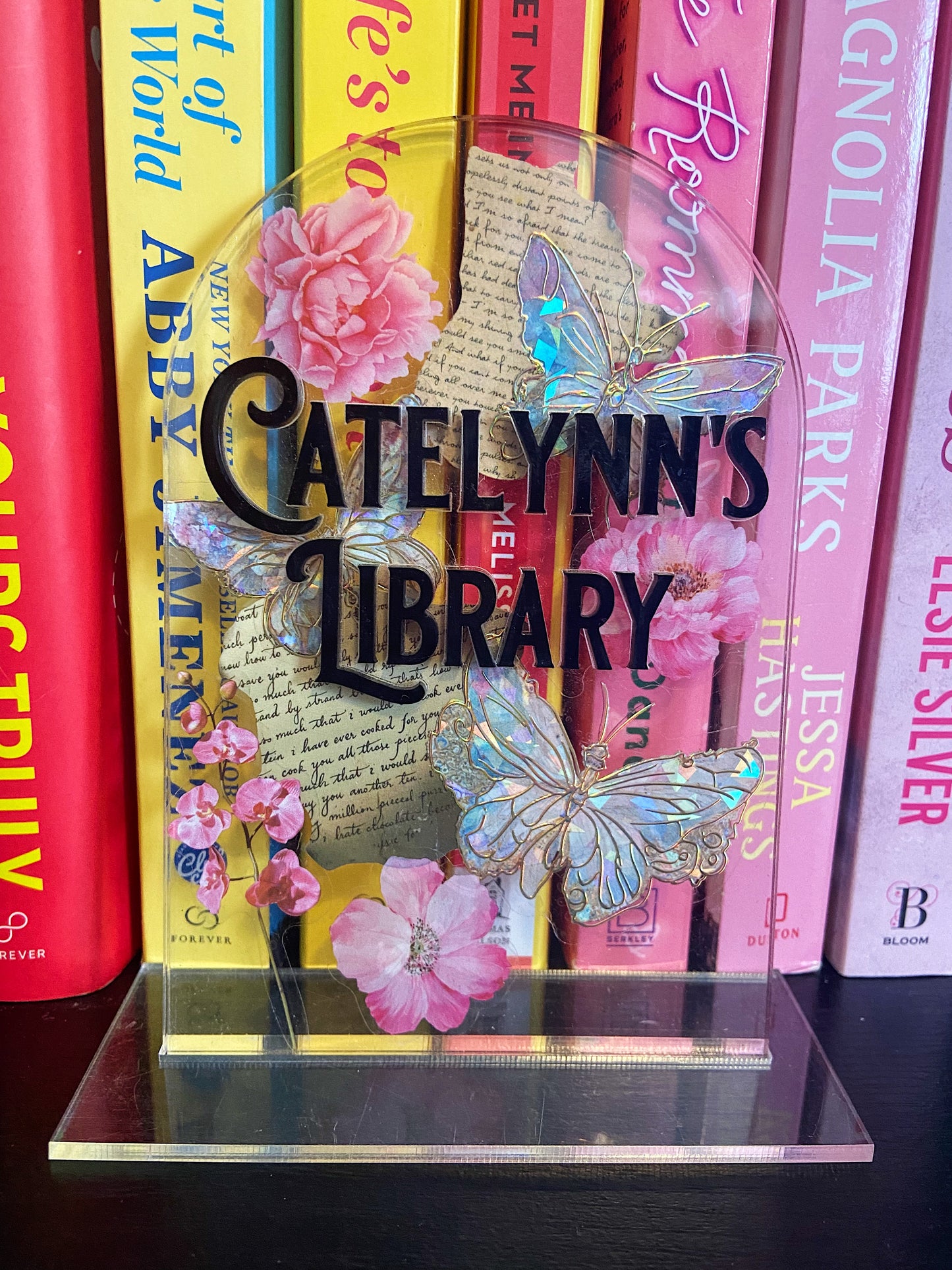 Custom Butterfly Floral Acrylic Bookshelf Sign, Desk Sitter