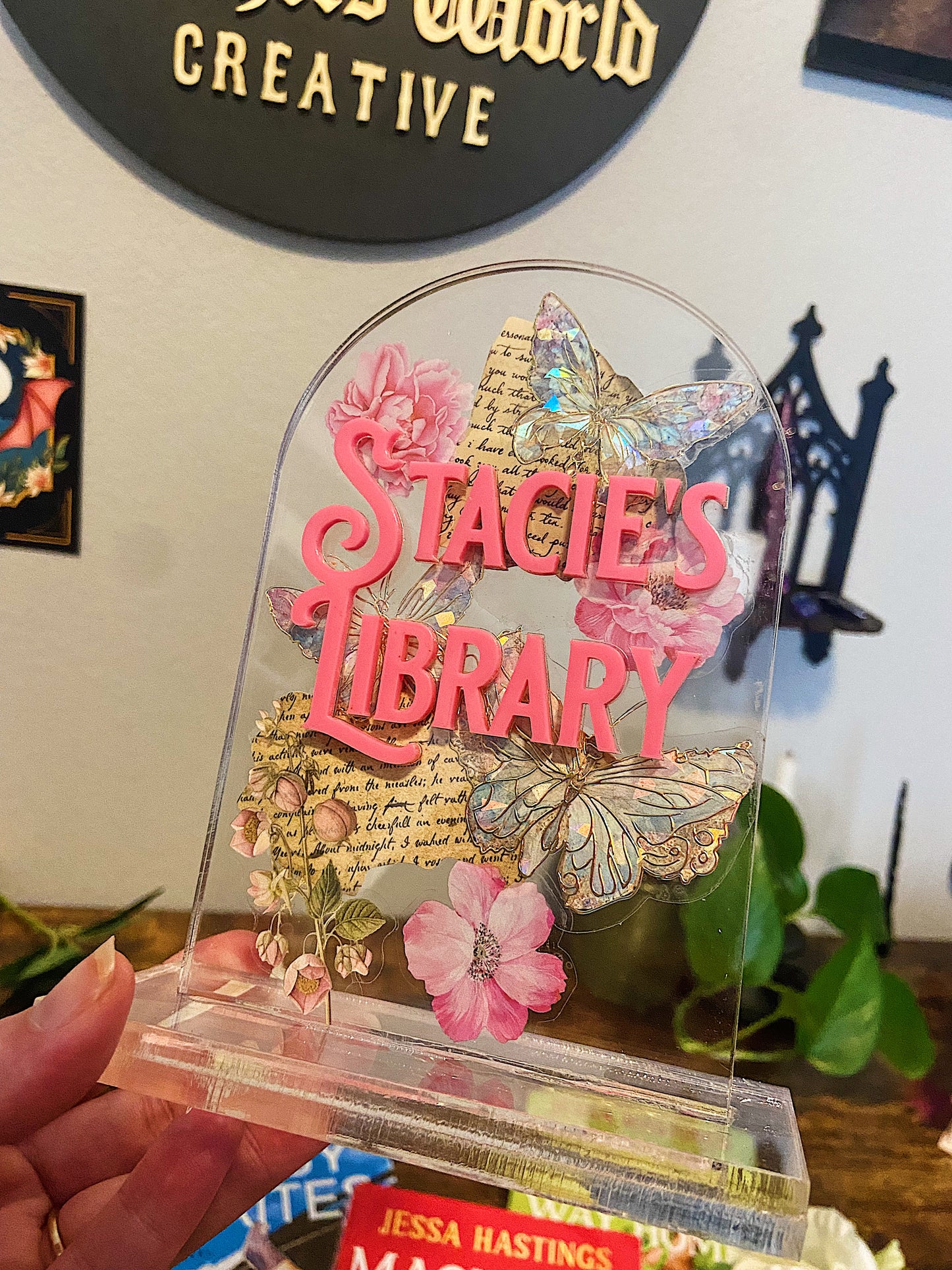 Custom Butterfly Floral Acrylic Bookshelf Sign, Desk Sitter