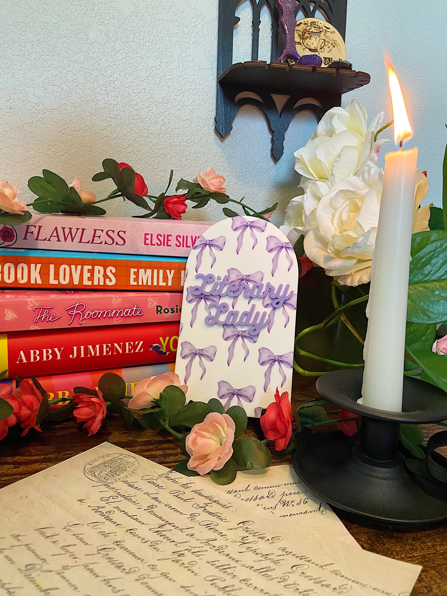 Purple Bow Themed Bookshelf Sign - Customizable