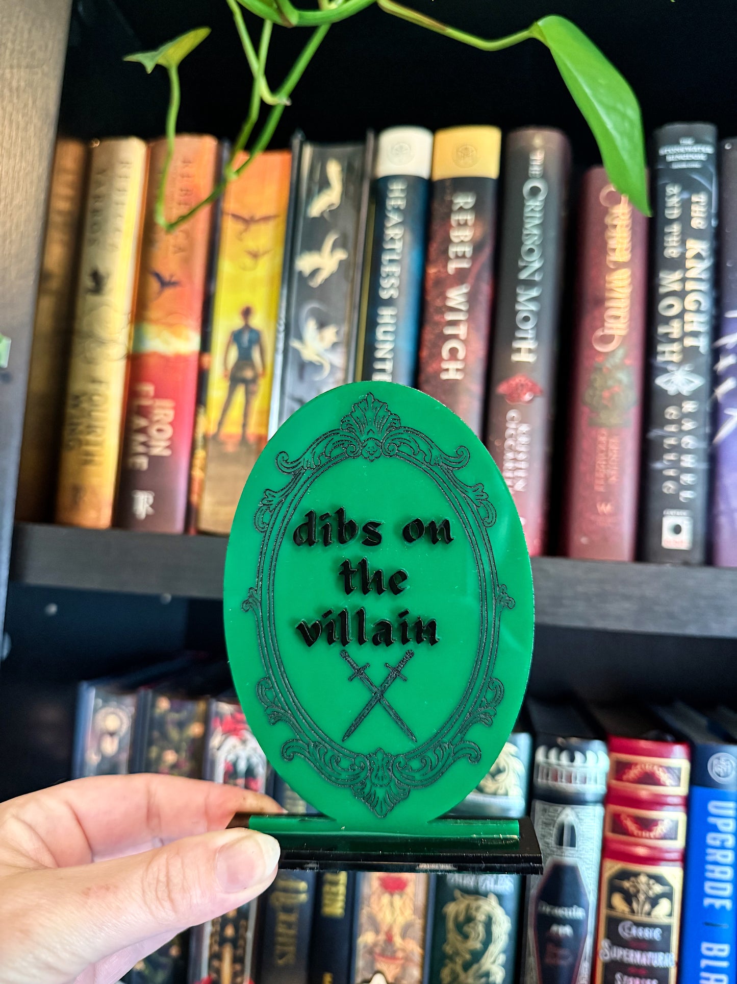 Dibs on the Villain - Engraved Swords bookshelf sign