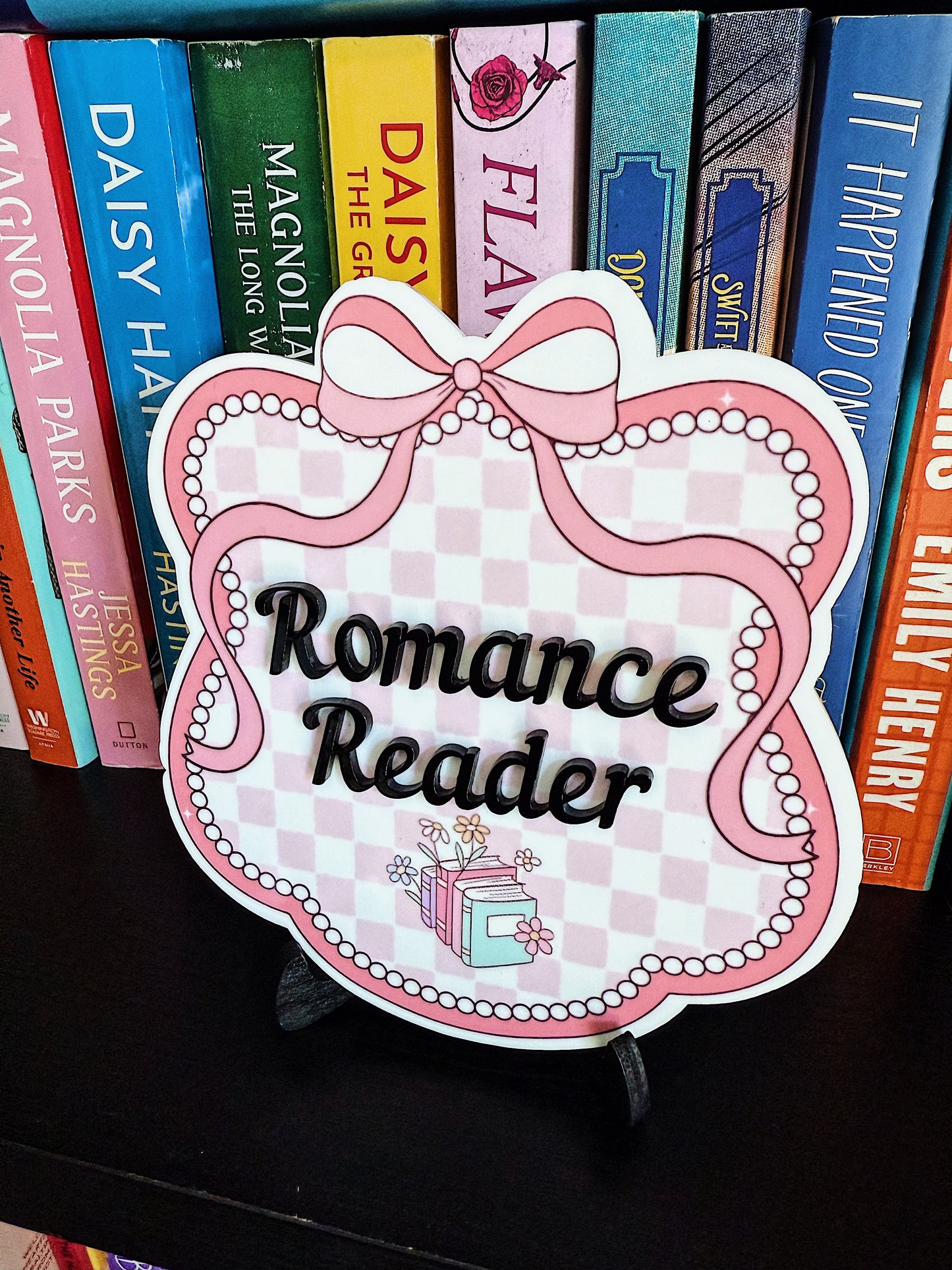 Pink Bow Customizable Bookshelf Plaque, Bookshelf Sign