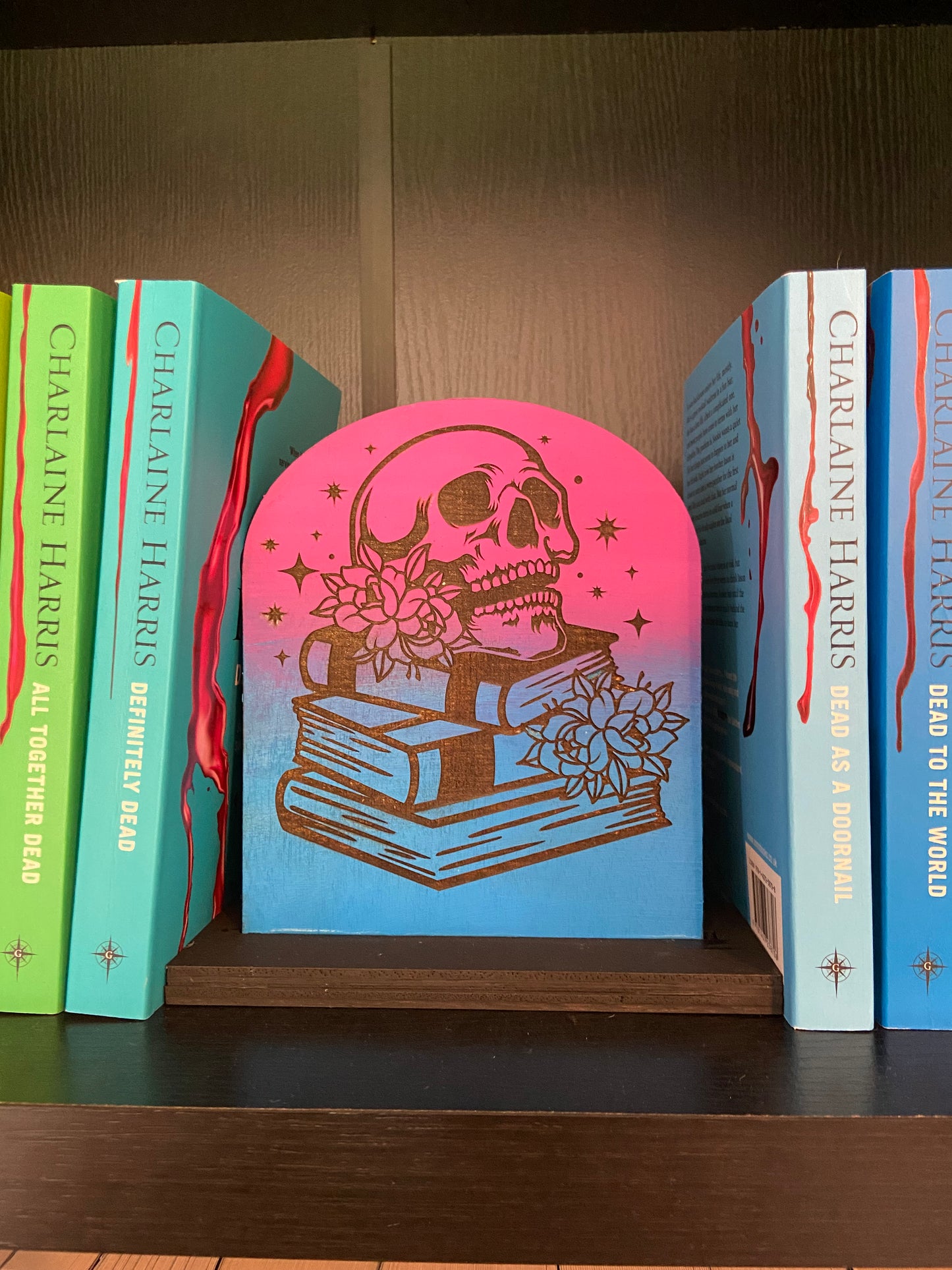 Bookshelf Sign, Library Sign - Ombré Skull and book stack