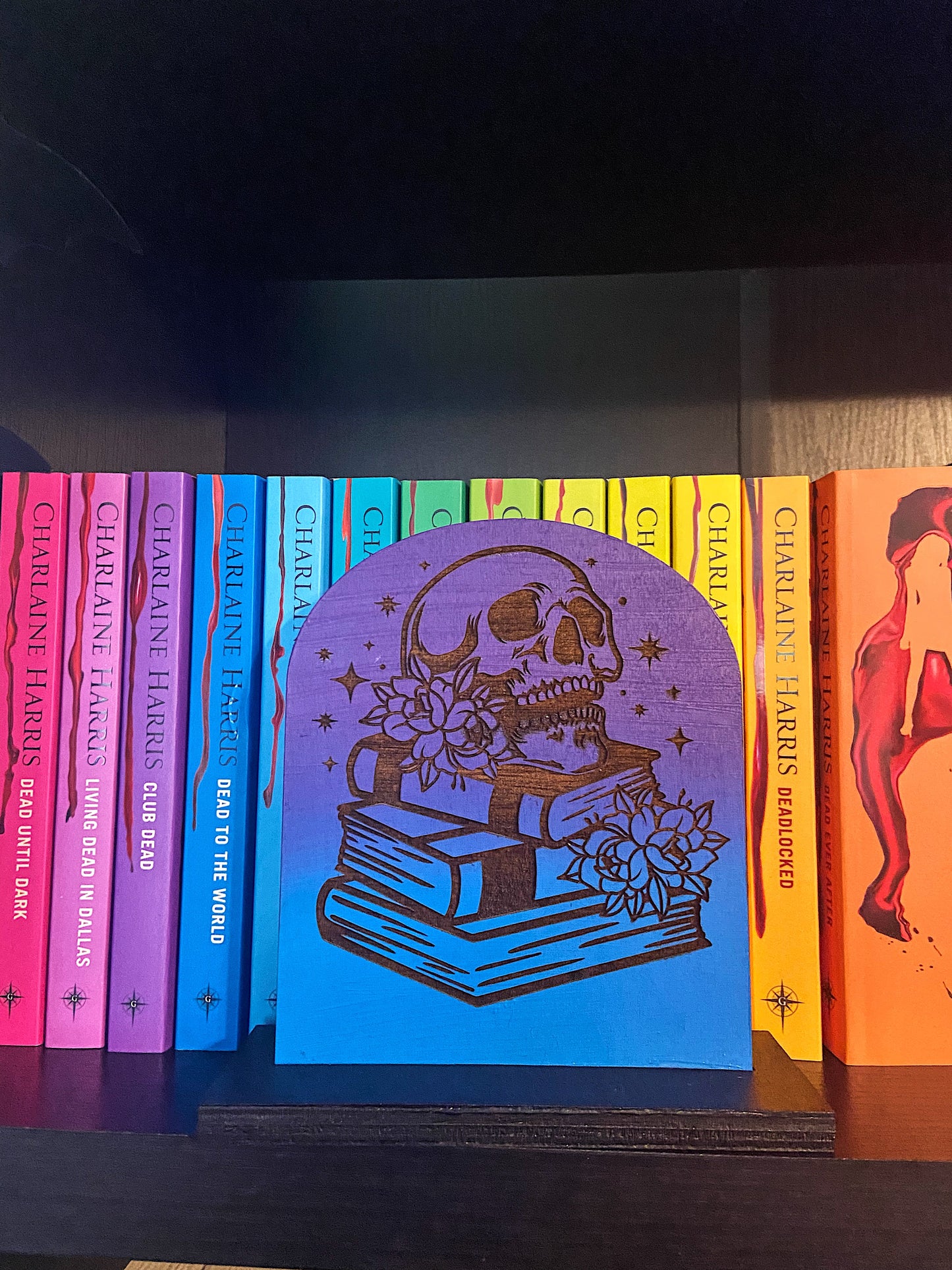 Bookshelf Sign, Library Sign - Ombré Skull and book stack