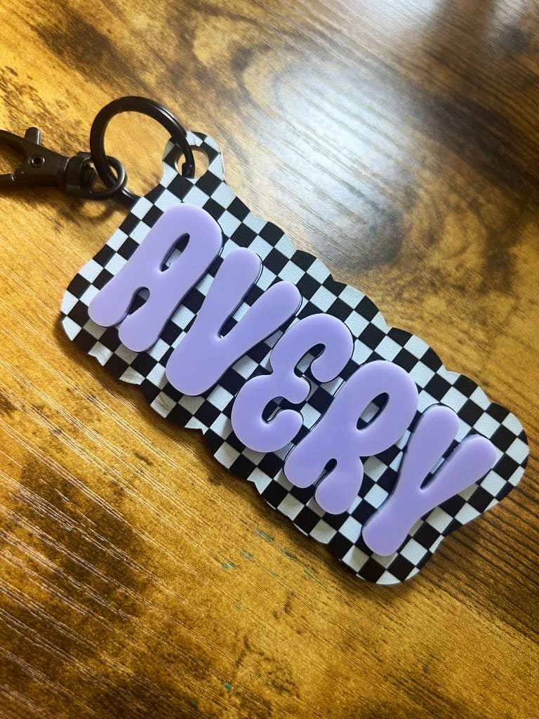 Checkered Custom Name Keychain, backpack tag, diaper bag name tag