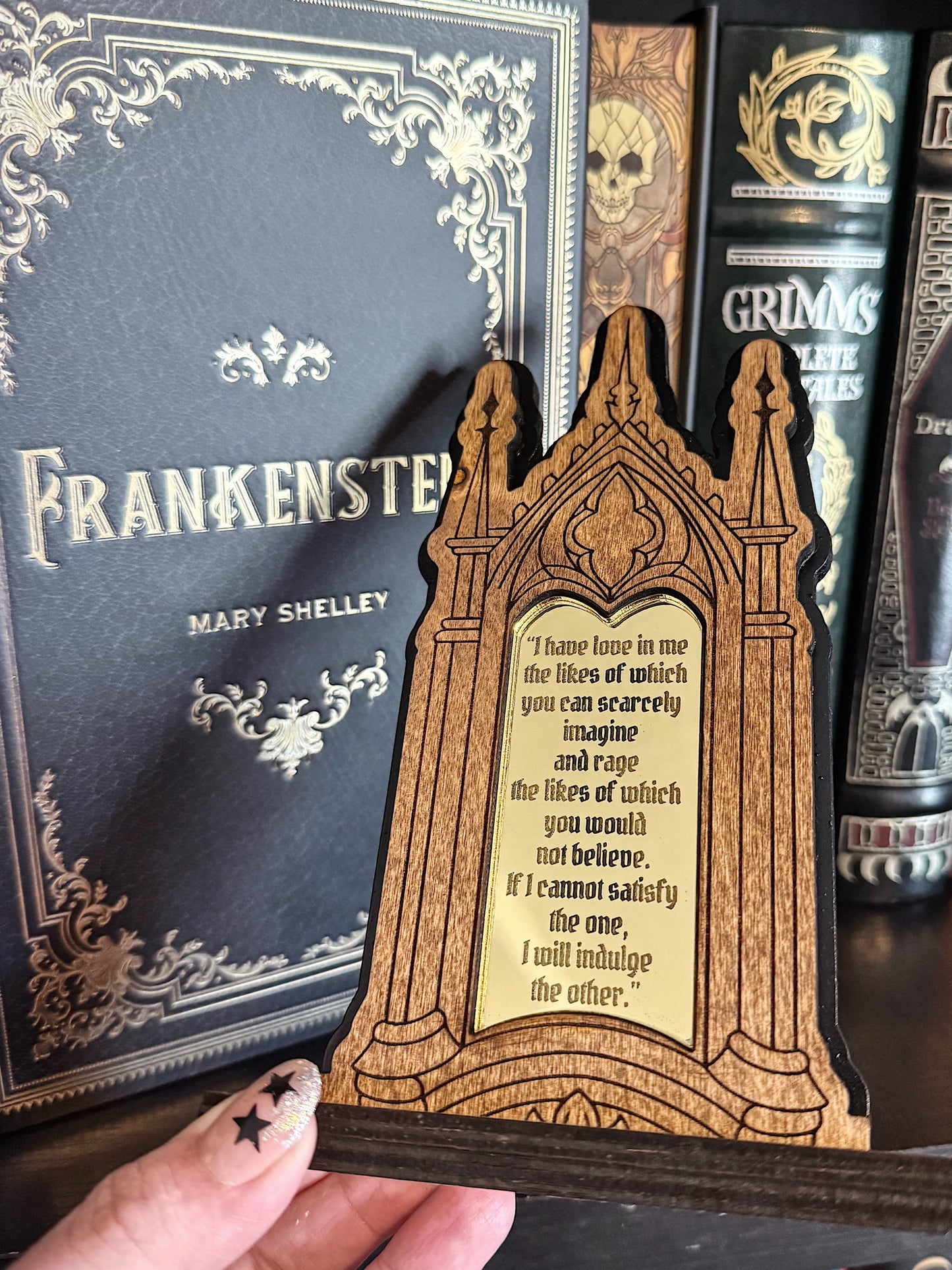 Gothic style bookshelf sign with quote - gold mirror acrylic