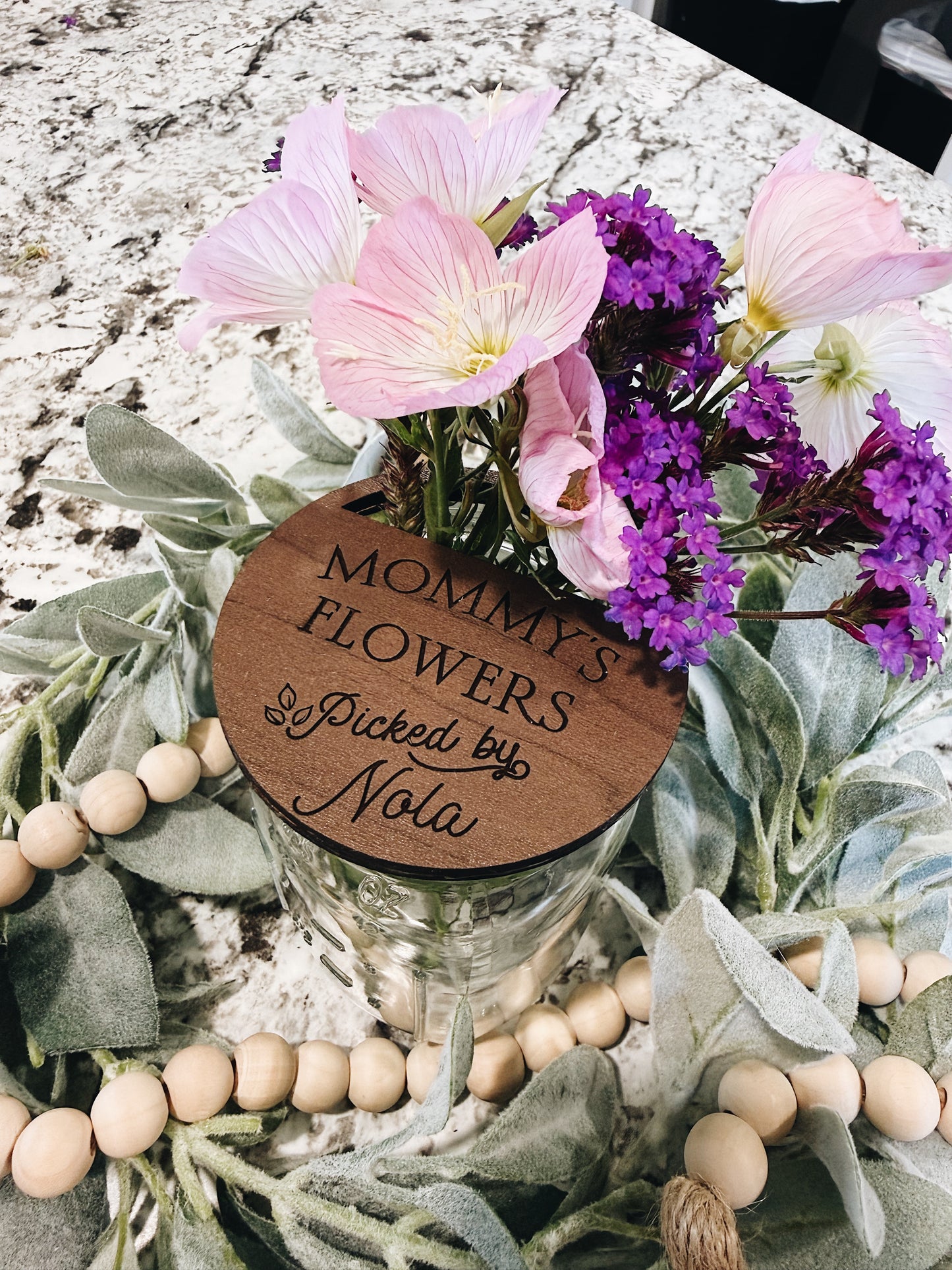 “Mommy’s Flowers picked by” custom mason jar lid Mothers Day Gift