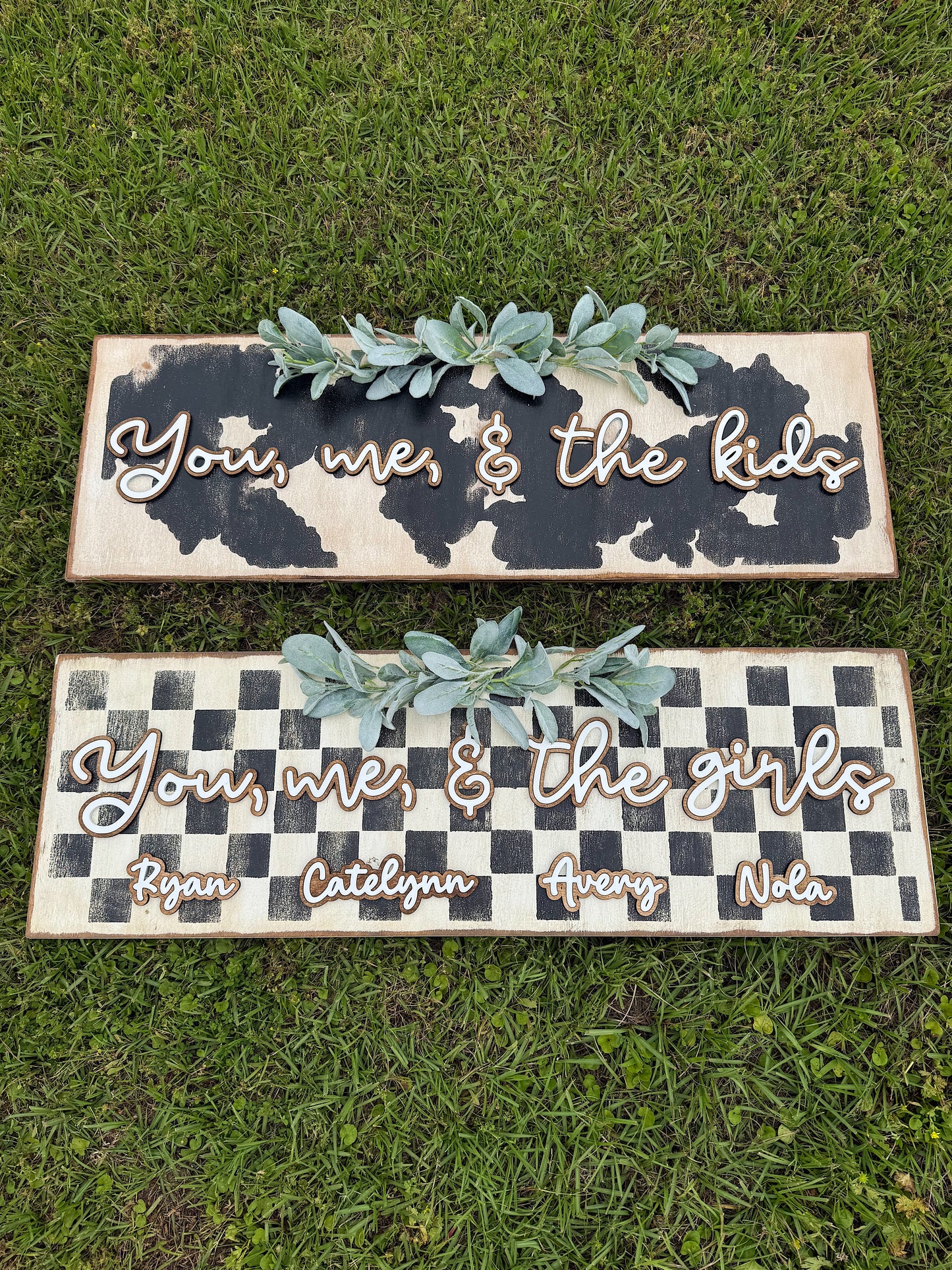 “You, me, and the kids” custom wood sign - Checker or Cow Print