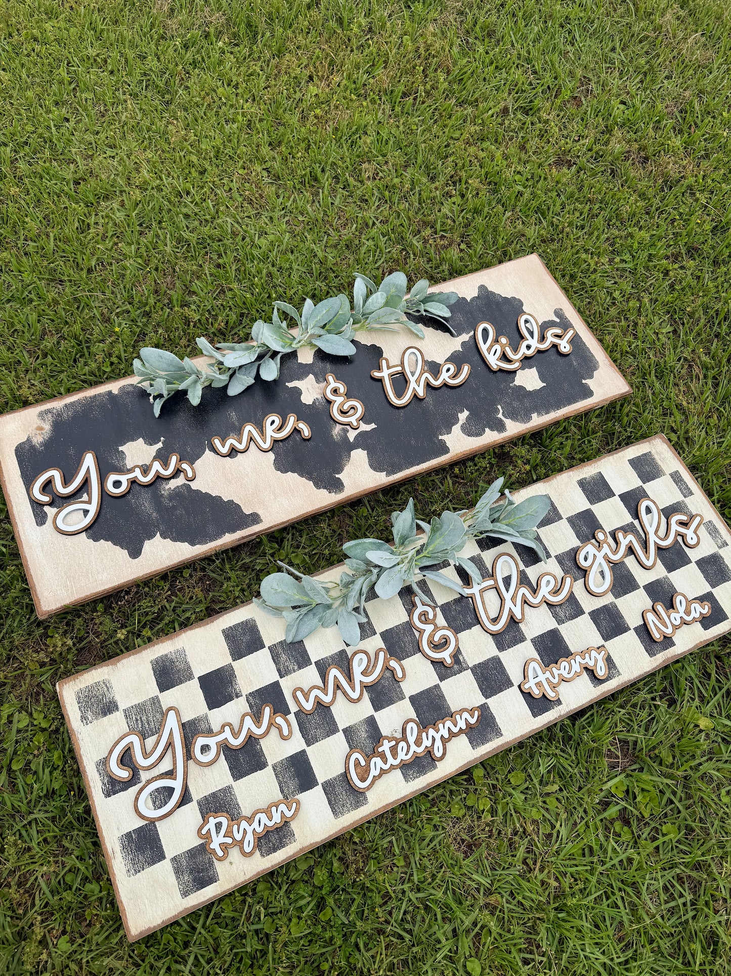 “You, me, and the kids” custom wood sign - Checker or Cow Print