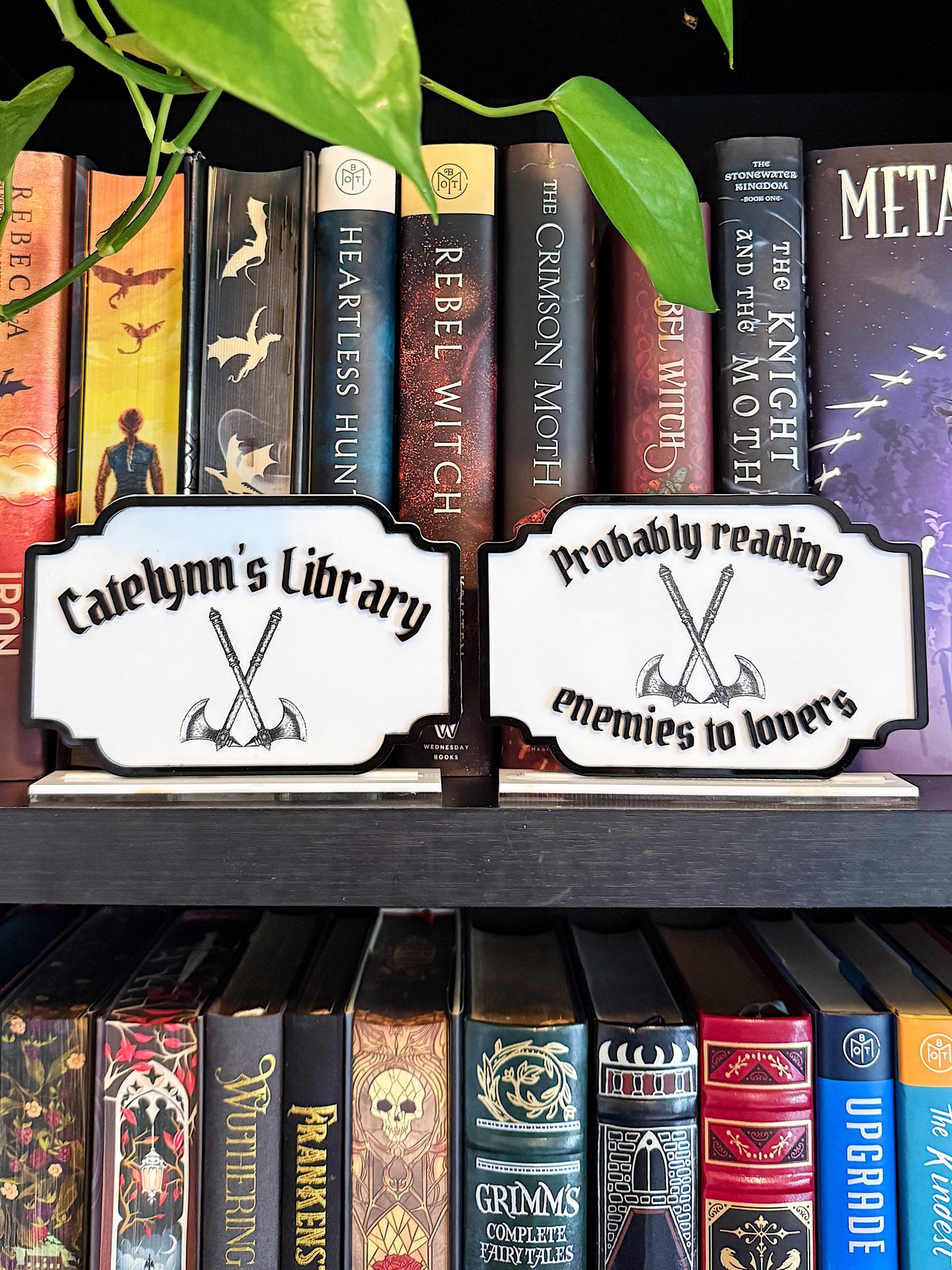 Probably reading enemies to lovers  - Engraved Axes bookshelf sign (customizable text option)