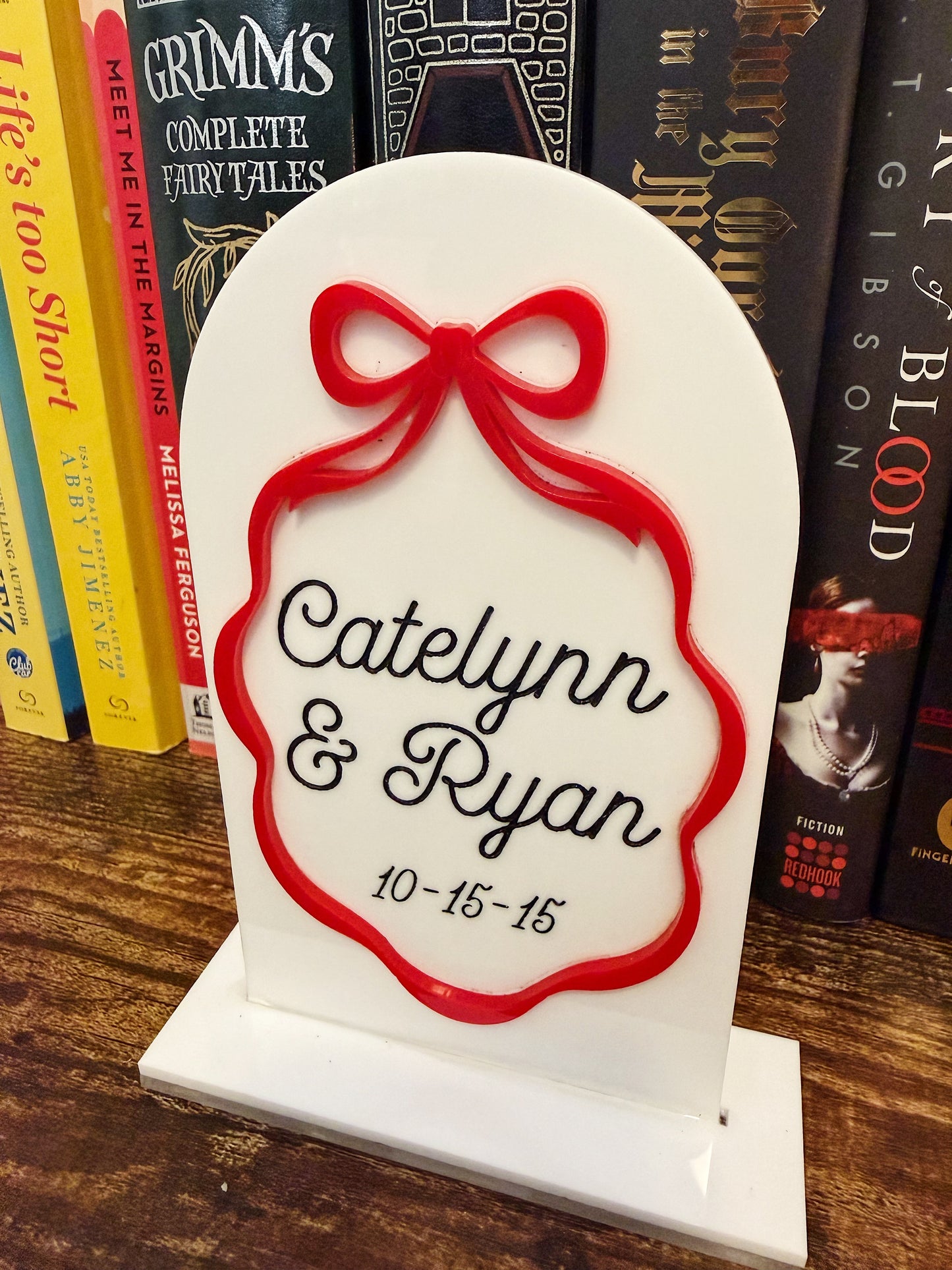Bow Themed Custom Acrylic Bookshelf Sign, Desk Sitter