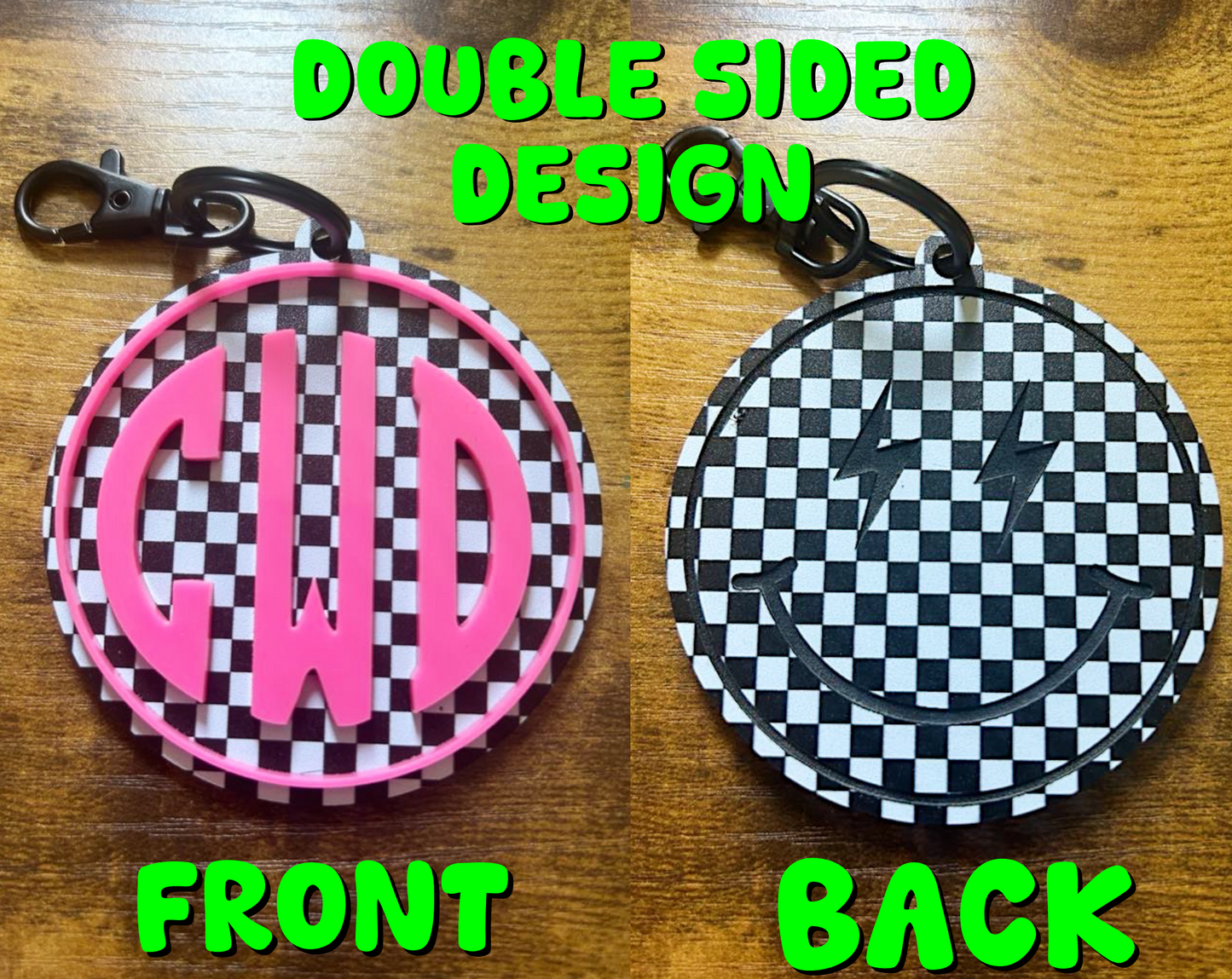 Checkered Custom Monogram Keychain, Backpack tag, diaper bag tag - Single or Double Sided Design