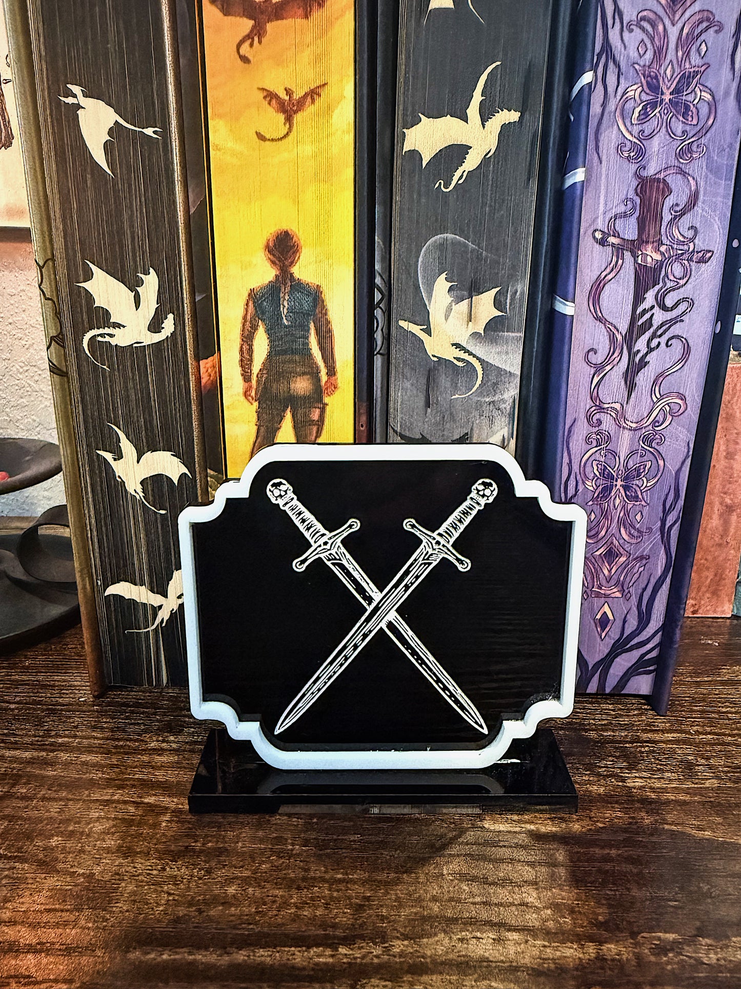 Crossed Sword Bookshelf Sign