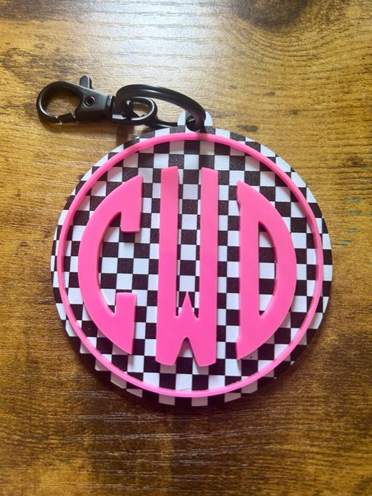 Checkered Custom Monogram Keychain, Backpack tag, diaper bag tag - Single or Double Sided Design