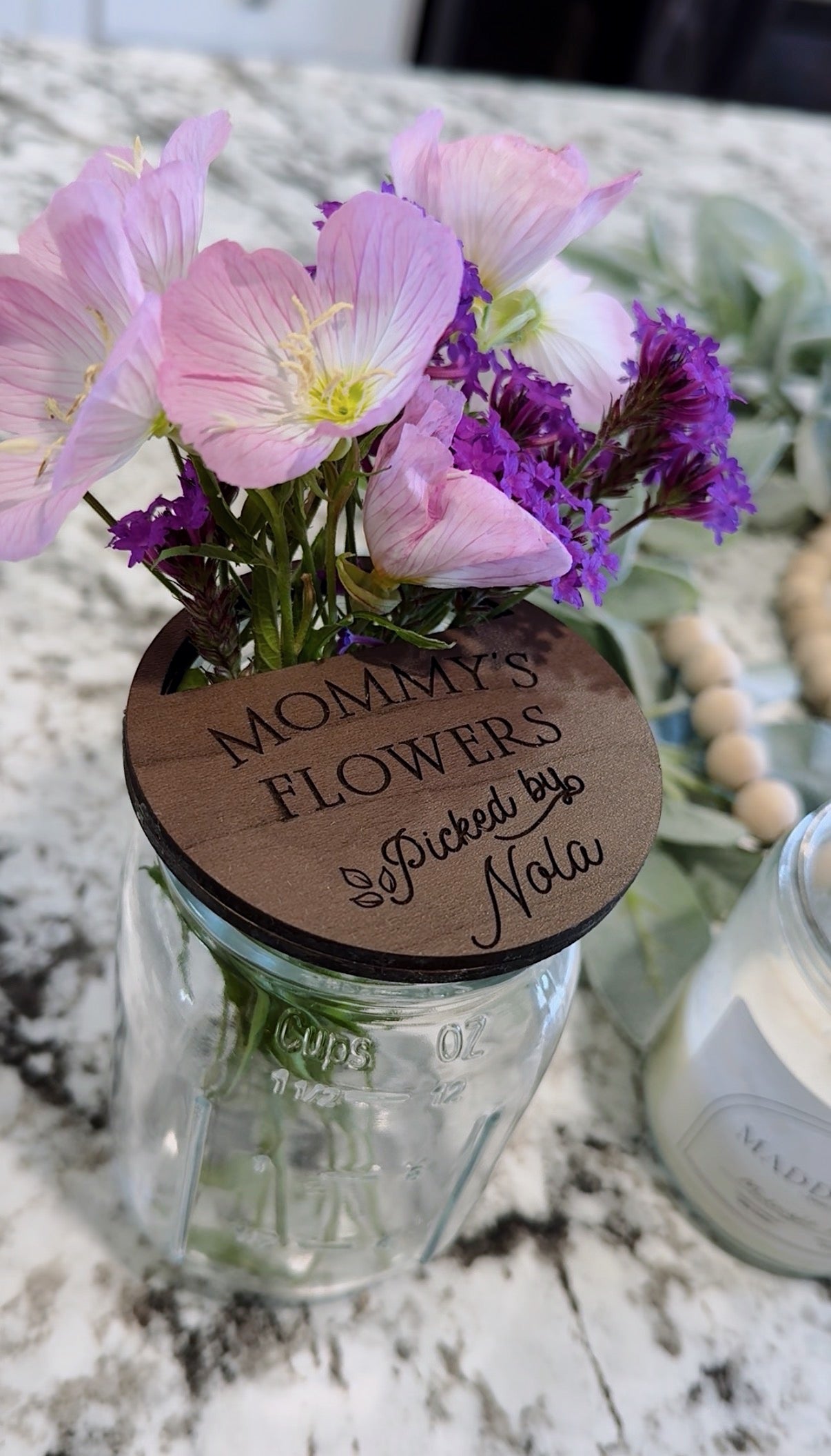“Mommy’s Flowers picked by” custom mason jar lid Mothers Day Gift