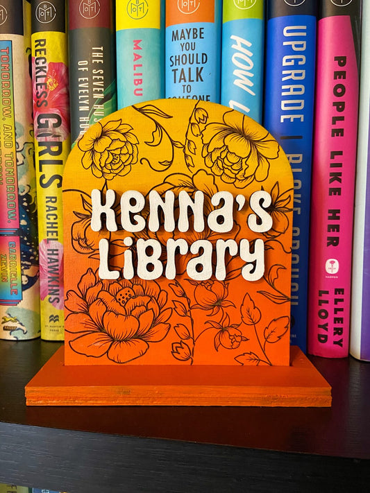 Flower Engraved Bookshelf Sign, Shelf Sitter - Retro Font